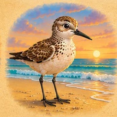 Andy the Sandpiper standing at the water's edge