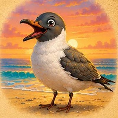 Sunny the Laughing Gull on the beach at sunset