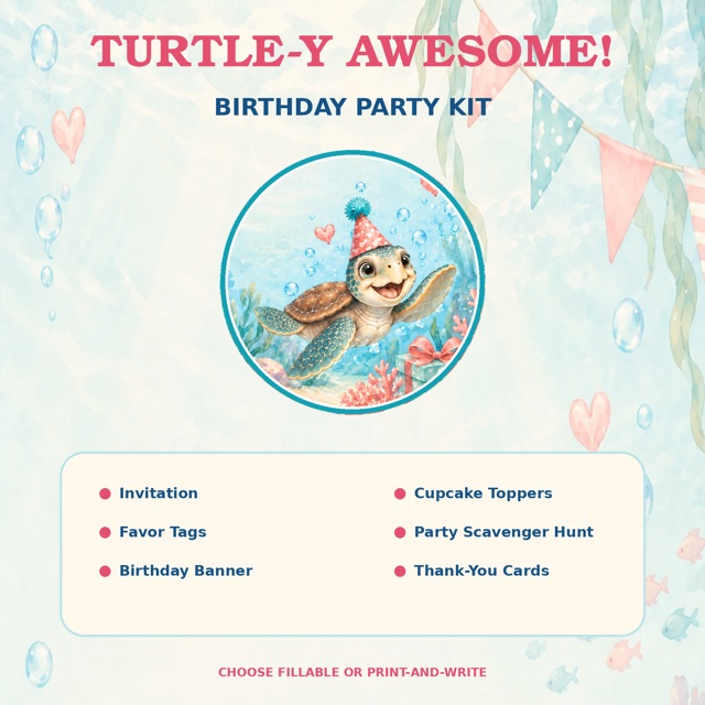TURTLE-Y AWESOME! birthday party kit cover: Shelly underwater in coral and teal watercolor